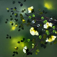 Komorebi, Clearing - Green Textured Floral Painting on Linen, 3D Roses, OOAK