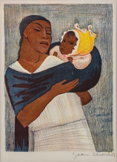 1933 Jean Charlot lithograph 'Woman Standing, Child on Back'