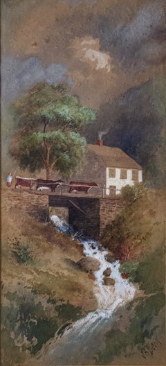 Aquarelle impressionniste américaine représentant des vaches au pâturage, par J. Augustus Beck