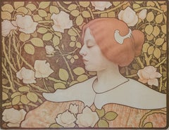 Litografía de estilo Art Nouveau de una mujer con rosas, de Paul Berthon, de alrededor de 1902
