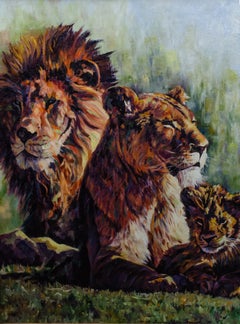 Vibrant Lion Family Painting by Female Artist