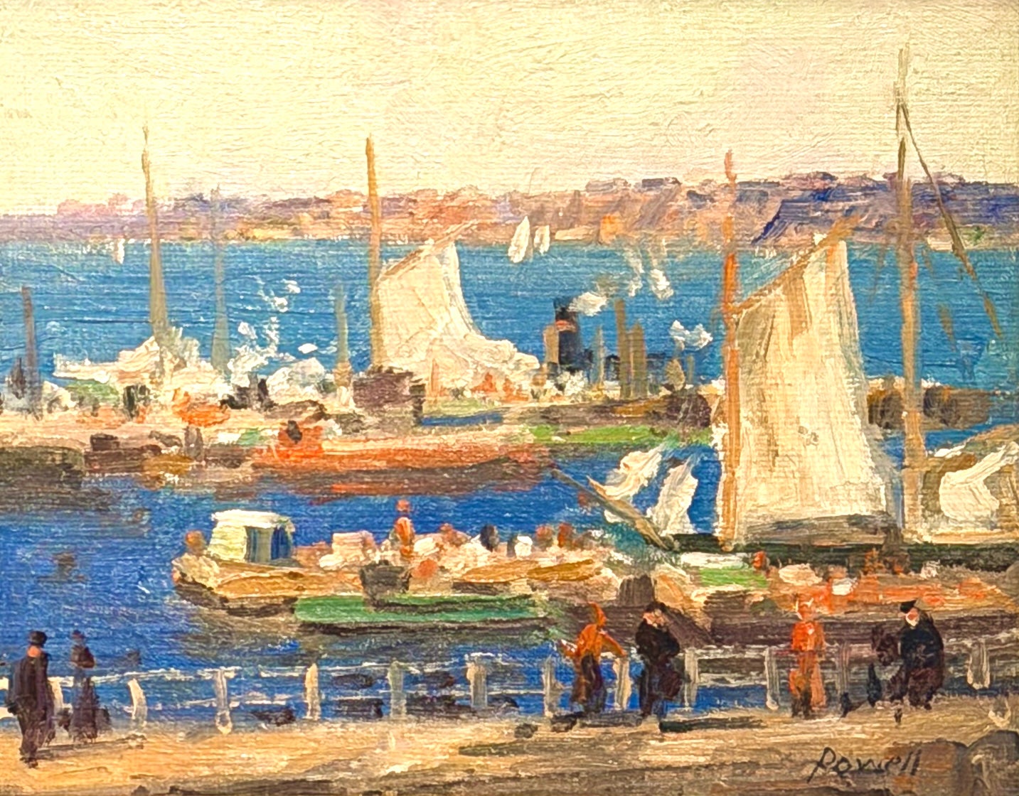 Arthur J. E. Powell, „Lastkähne, North River“ (NYC), impressionistische Hafenansicht