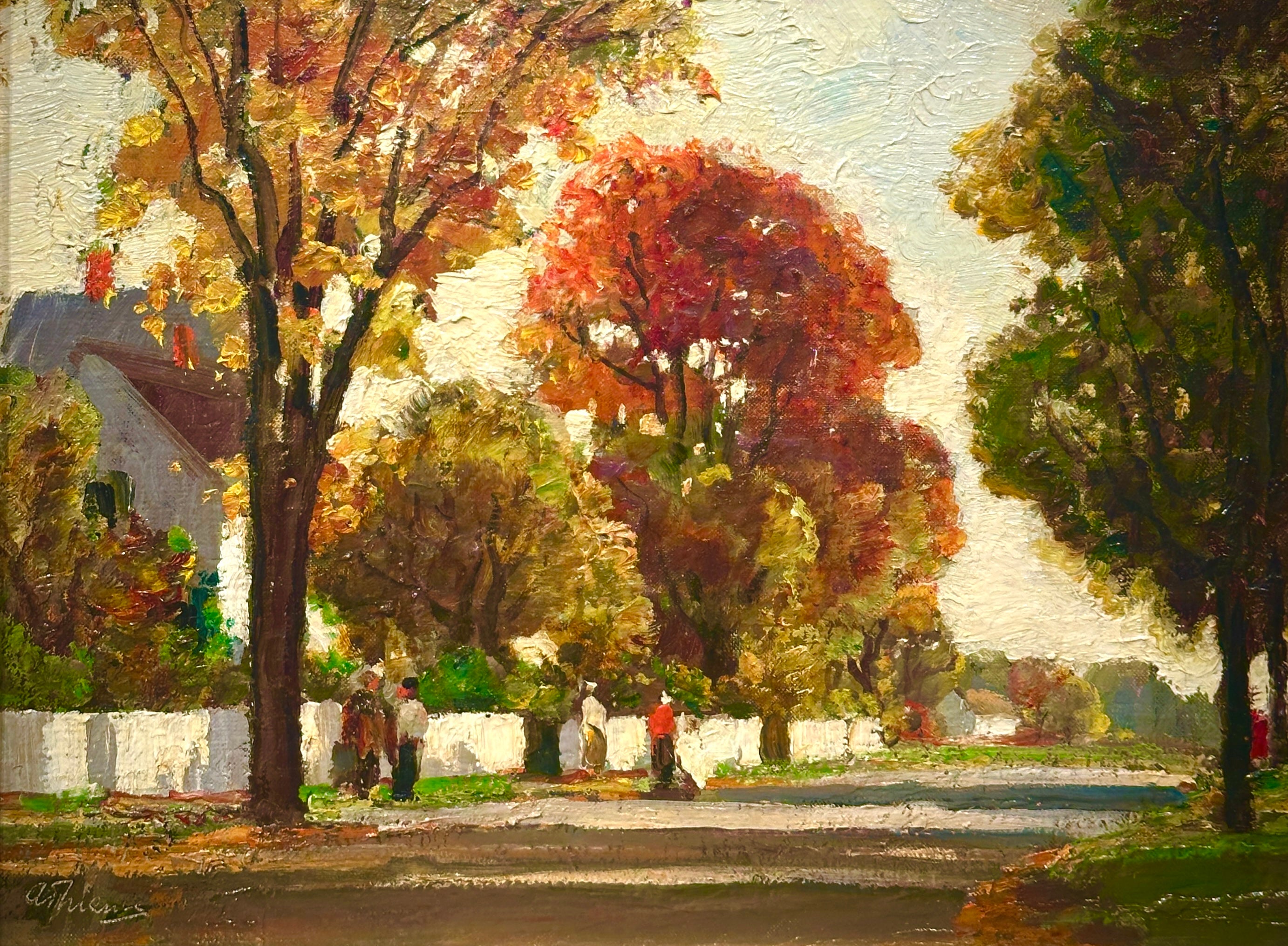 Painting size without frame: 12"x16"
Painting size with frame: 18"x20"
Medium: Oil on Canvas
Signed lower left

A luminous New England street scene by acclaimed Rockport painter Anthony Thieme (1888–1954), “South Street, Rockport” depicts one of