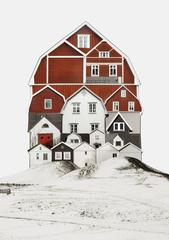 Whimsical architectural photography, red barn in snow field