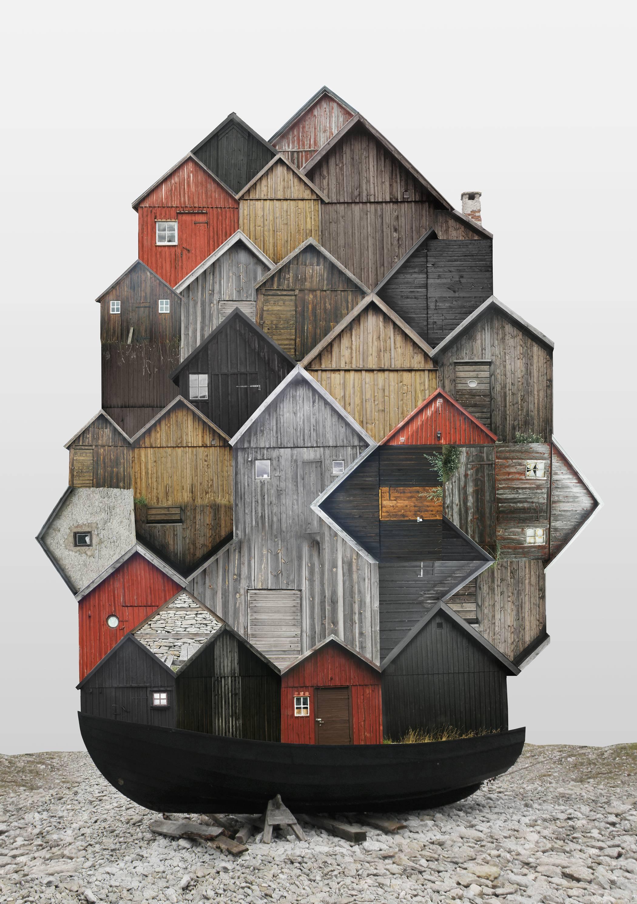 Anastasia Savinova Color Photograph - Surreal houses in a boat, whimsical wooden houses collage