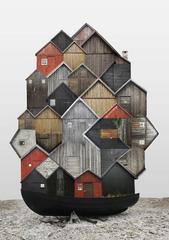 Surreal houses in a boat, whimsical wooden houses collage