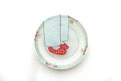 embroidery in vintage dishes, ruby slippers