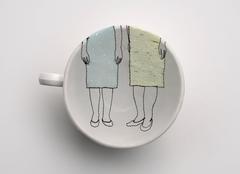 embroidery in vintage dishes, two women in a cup