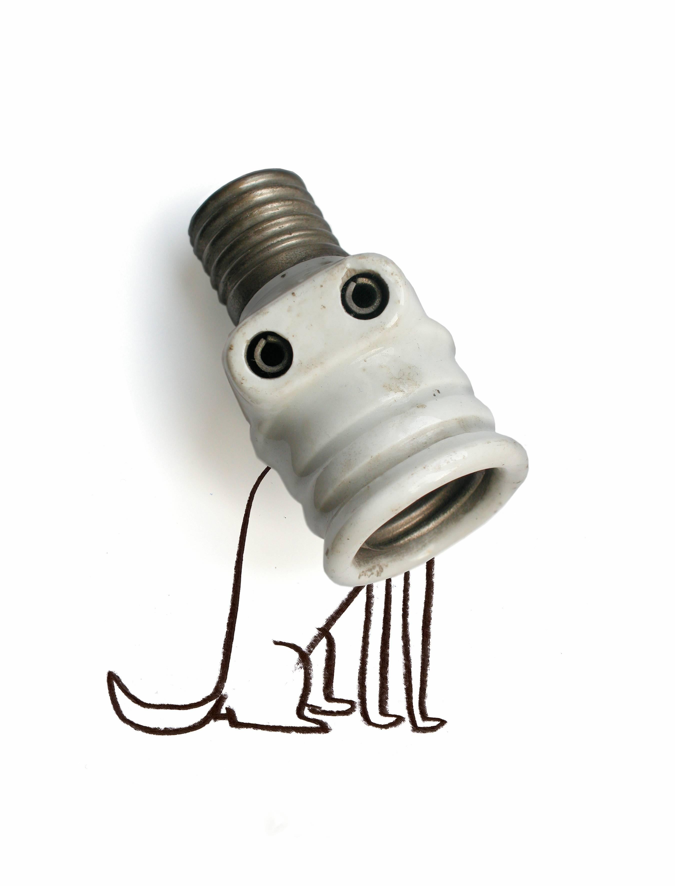 Serge Bloch Animal Print - funny drawing of dog with light bulb nose, good doggy