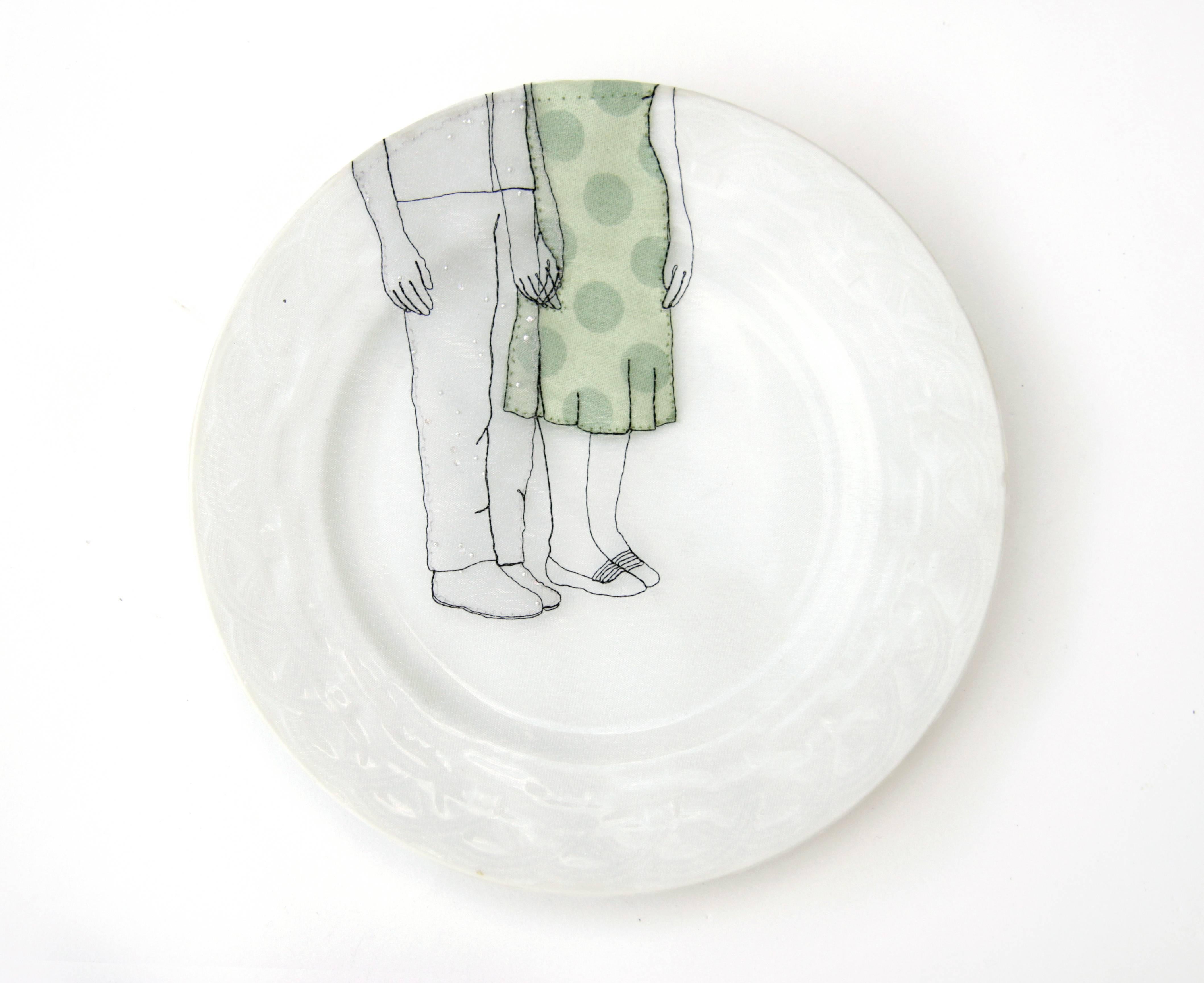 Diem Chau Figurative Sculpture - embroidery in vintage dishes , was