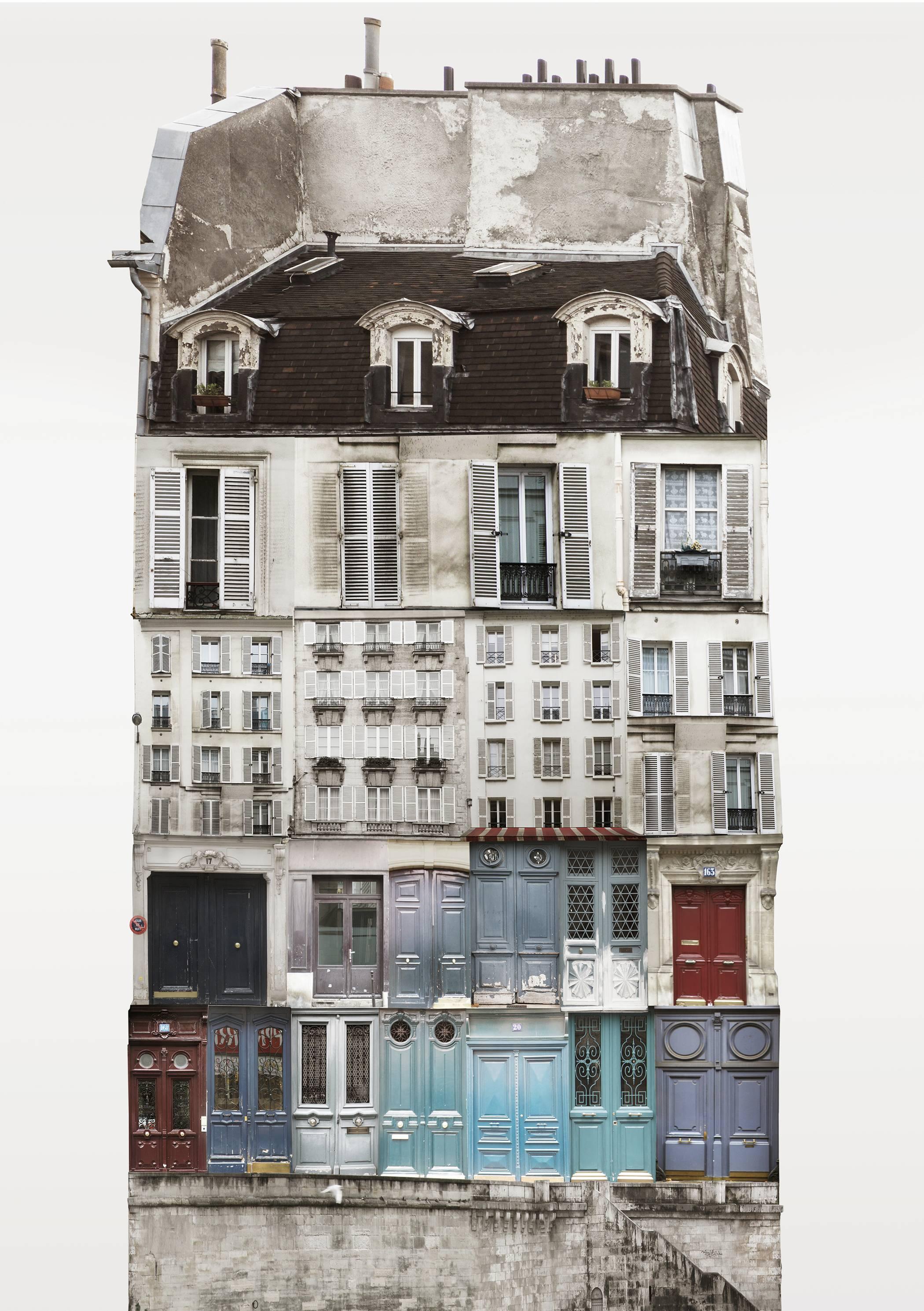 Anastasia Savinova Color Photograph - Paris architecture, buildings with tags, blue doors in Paris, Genius Loci Paris