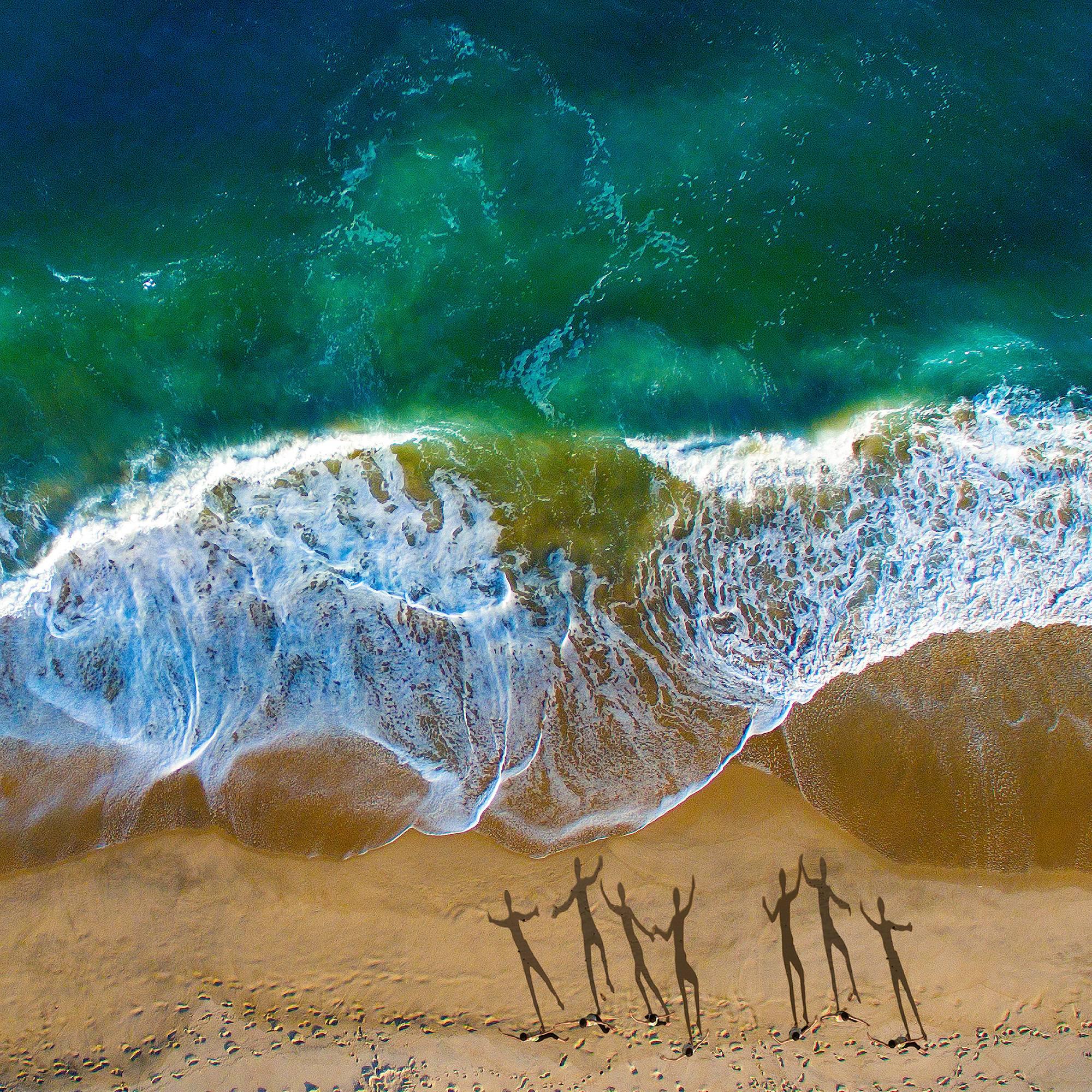 Albert Delamour Landscape Photograph - Aerial view with shadows of people walking on the beach, Montauk