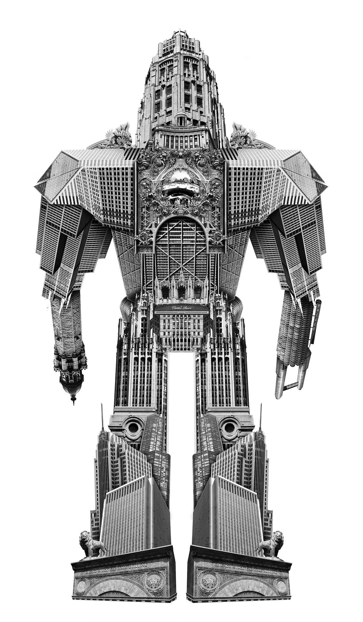 Joel Kuntz Black and White Photograph - Robot made with iconic buildings of Chicago, whimsical artwork