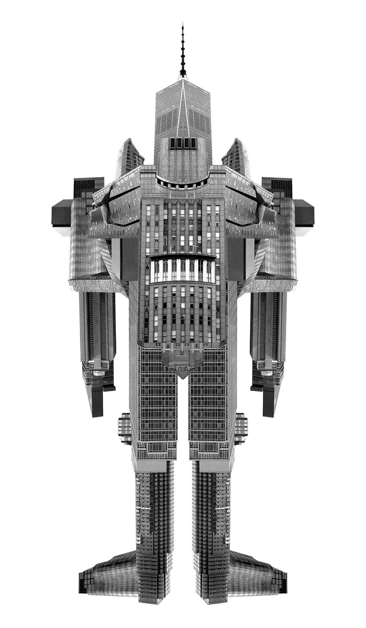 Joel Kuntz Black and White Photograph - Robot made with iconic buildings of New York, Architectural robot.