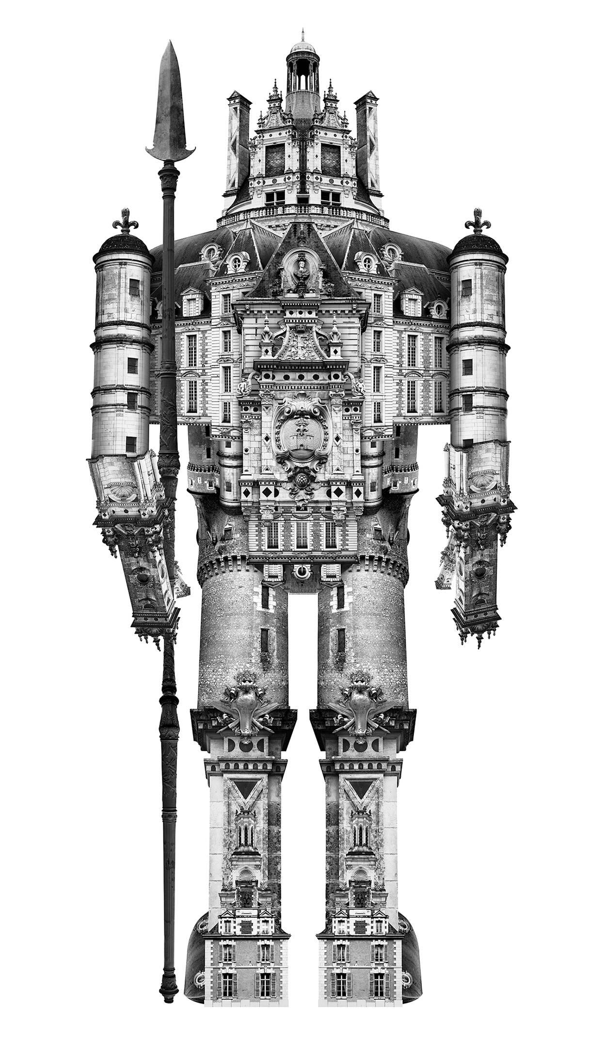 Joel Kuntz Black and White Photograph - Robot made with iconic buildings of a French castle, Architectural robot