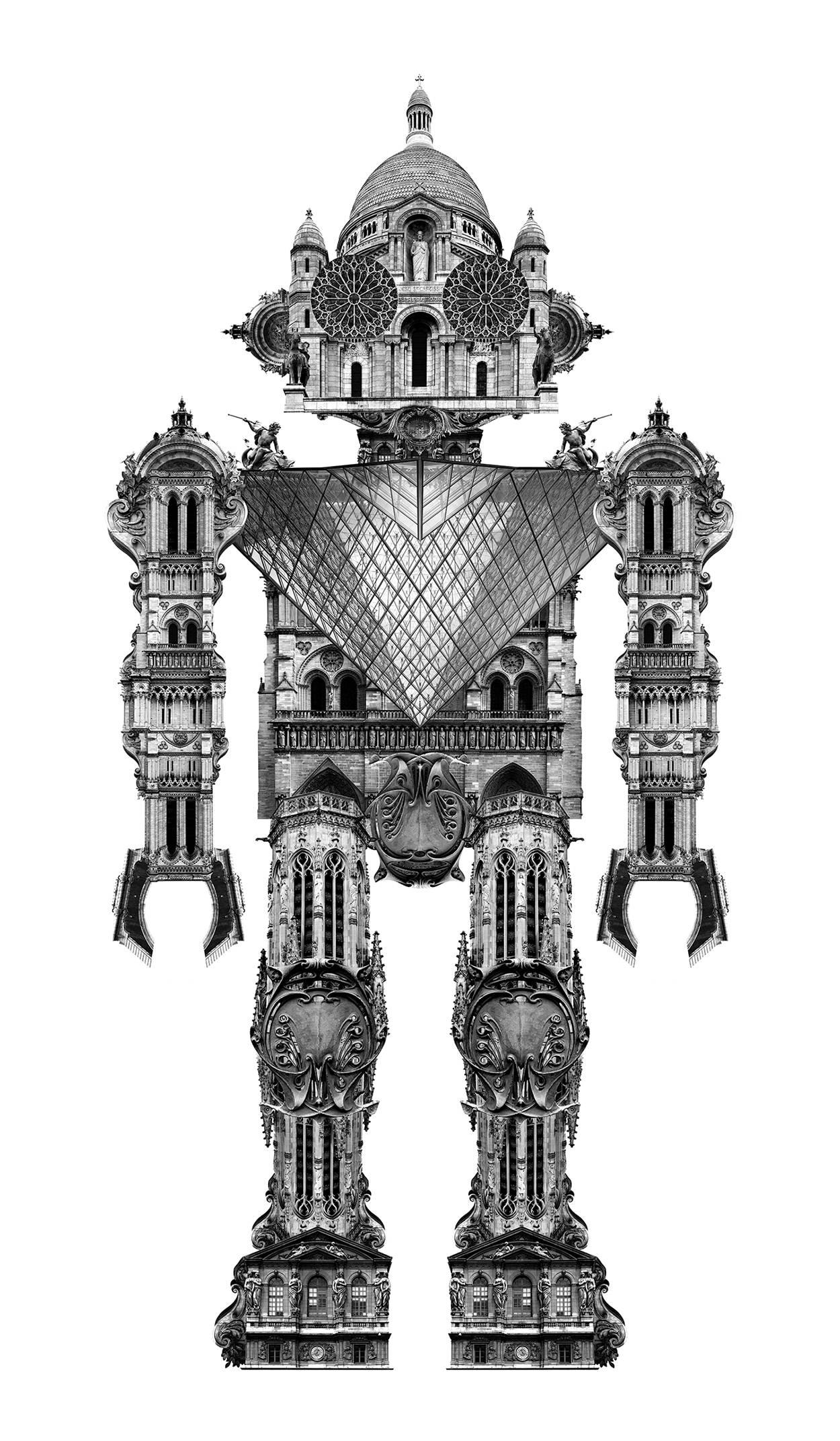 Joel Kuntz Black and White Photograph - Robot made with iconic buildings of Pais, French architectural robot