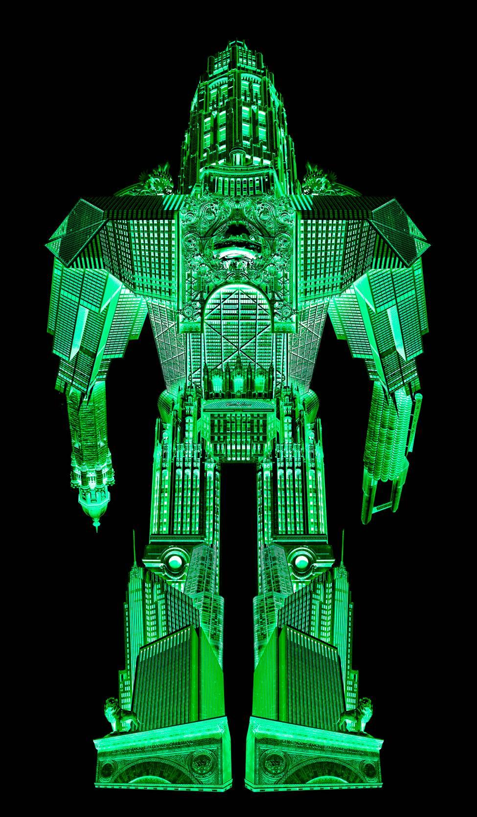 Joel Kuntz Color Photograph - Robot created with Chicago buildings, green robot on black background
