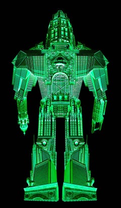 Robot created with Chicago buildings, green robot on black background