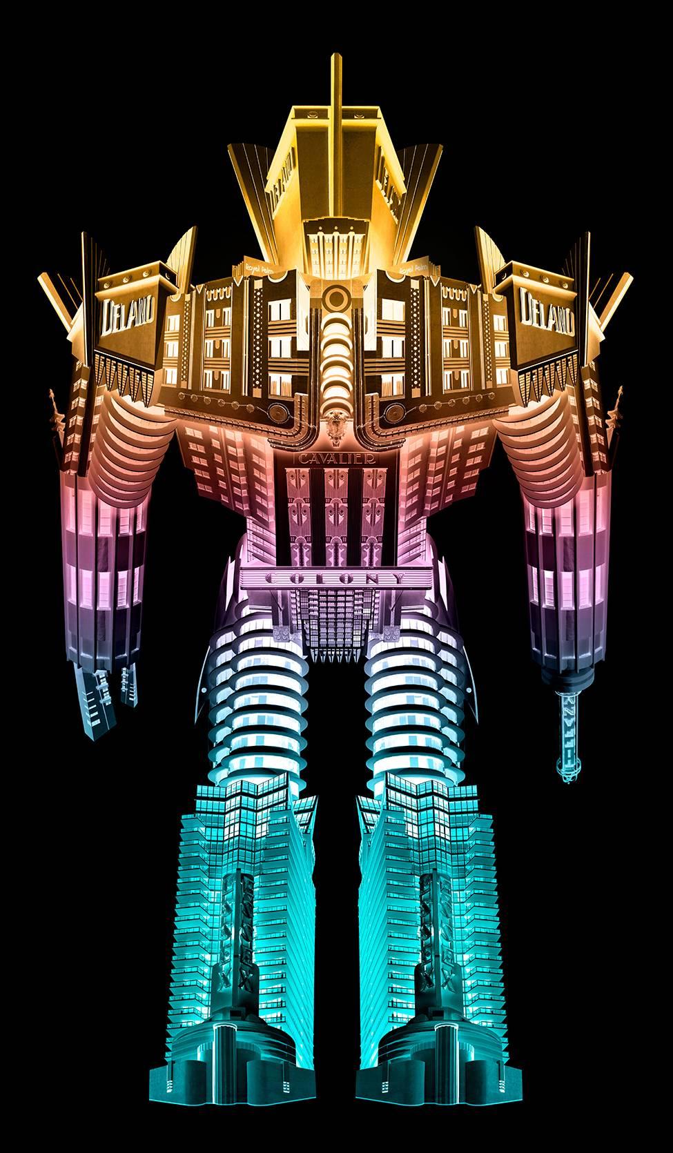 Joel Kuntz Color Photograph - Robot created with Miami buildings, gradient robot on black background