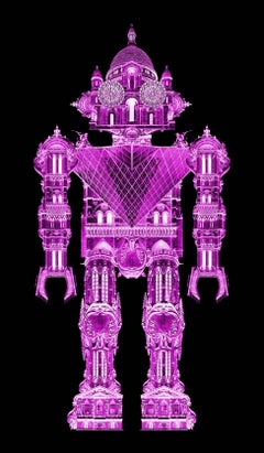 Robot created with Paris architecture, pink robot on black background