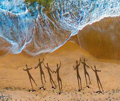 Aerial view with shadows of people walking on the beach, Montauk