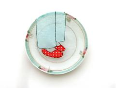 Ruby Slippers, embroidery in vintage dishes