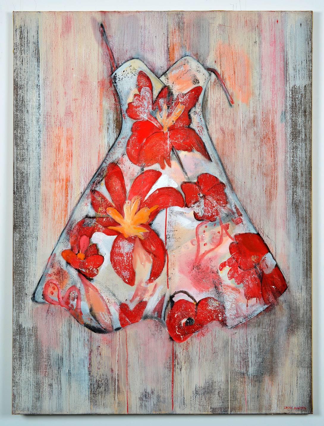 Dress with red Flowers, painting  - Mixed Media Art by Unknown