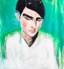 Very large portrait on green background, bright and colorful painting