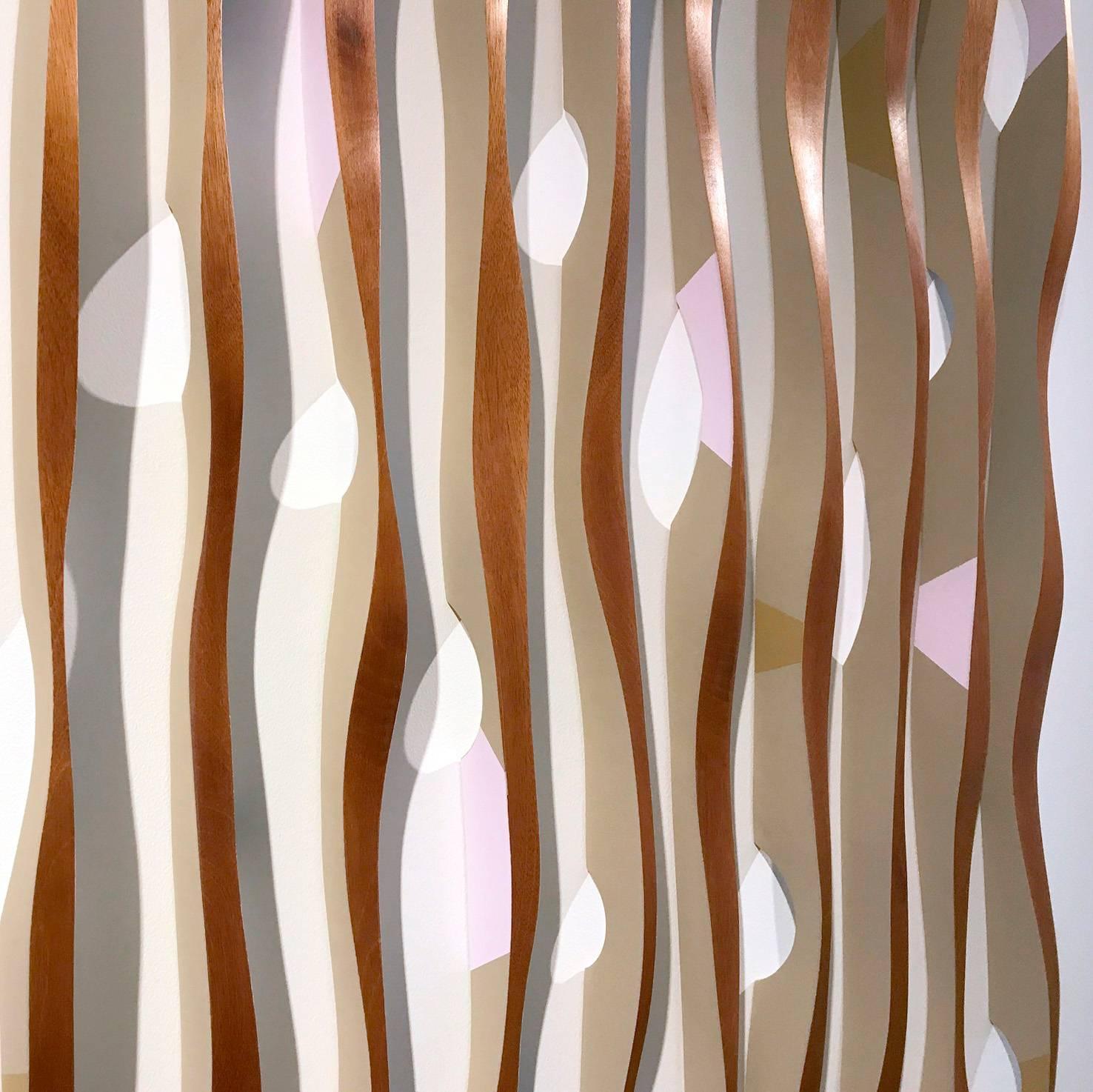 Mahogany installation  
images showing: left side, right side, face view and how a similar piece is installed on the wall 

Pascal creates an extraordinary range of abstract meditations that seem to arise directly from the medium itself, rather than