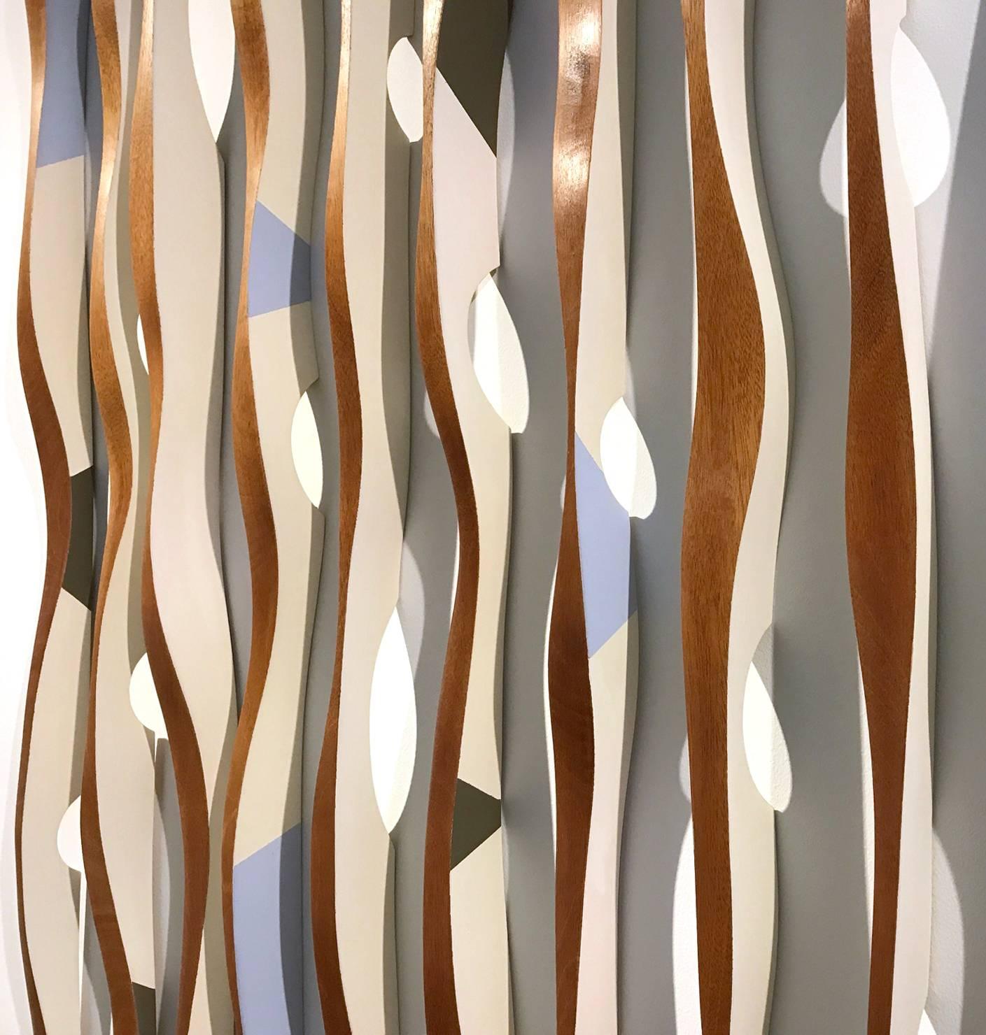 Mural installation, wood sculpture, kinetic, Origines Antipodes 22 - Brown Abstract Sculpture by Pascal Pierme