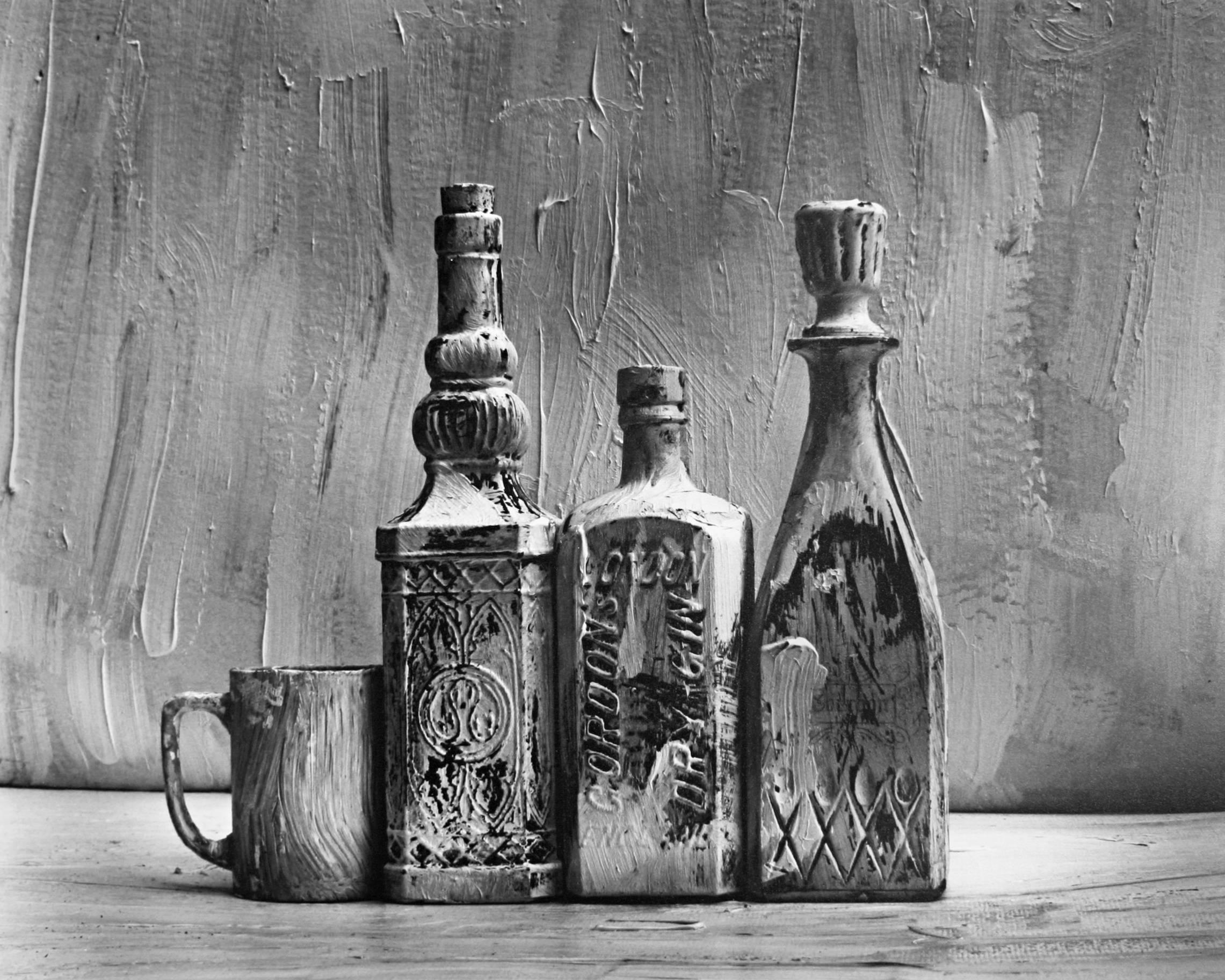Alexandra Catiere Black and White Photograph - Homage to Morandi, Painted Bottles , Black and white still life photography