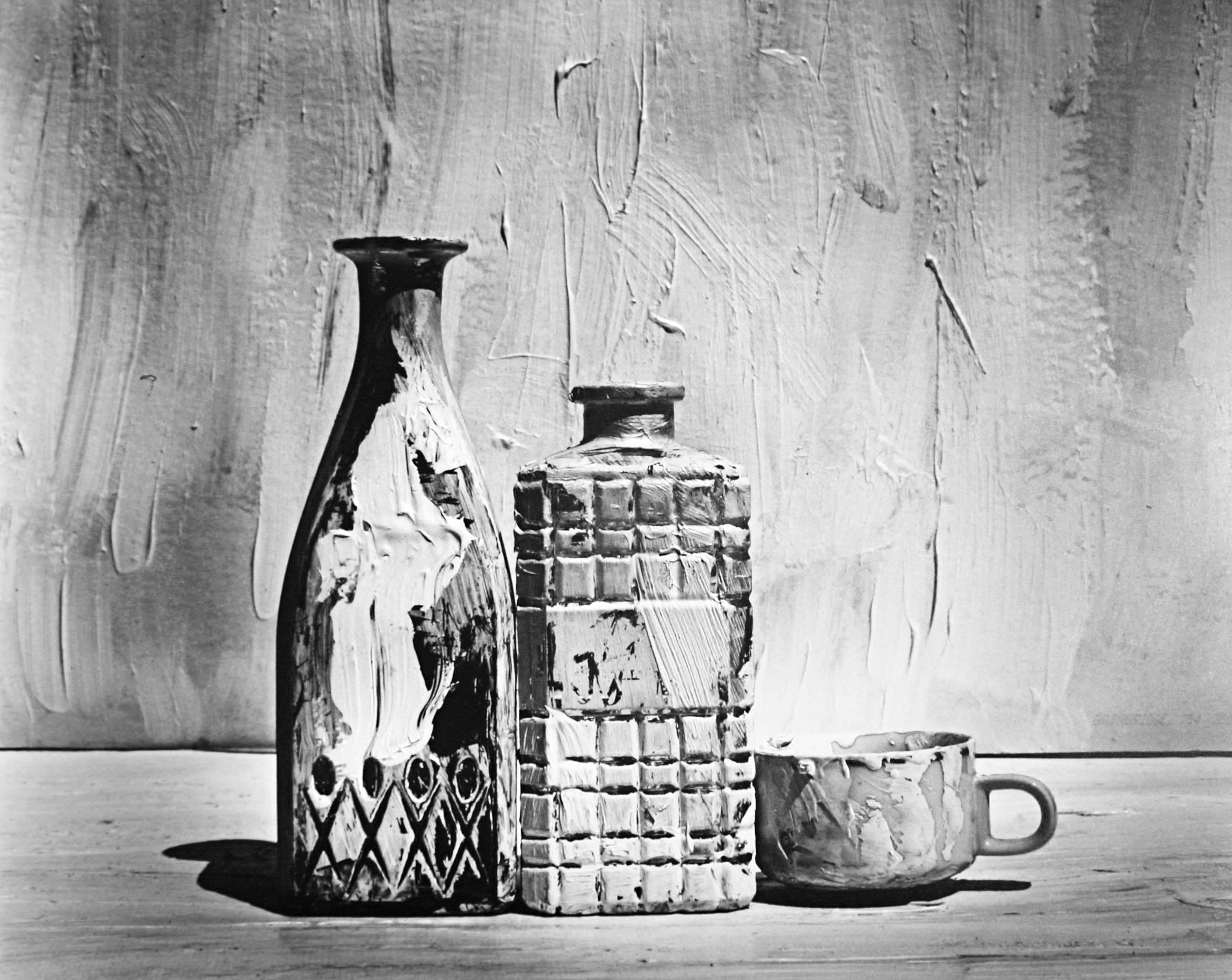 Alexandra Catiere Black and White Photograph - Black and white Still life photography, Picture of Painted Bottles and Cup