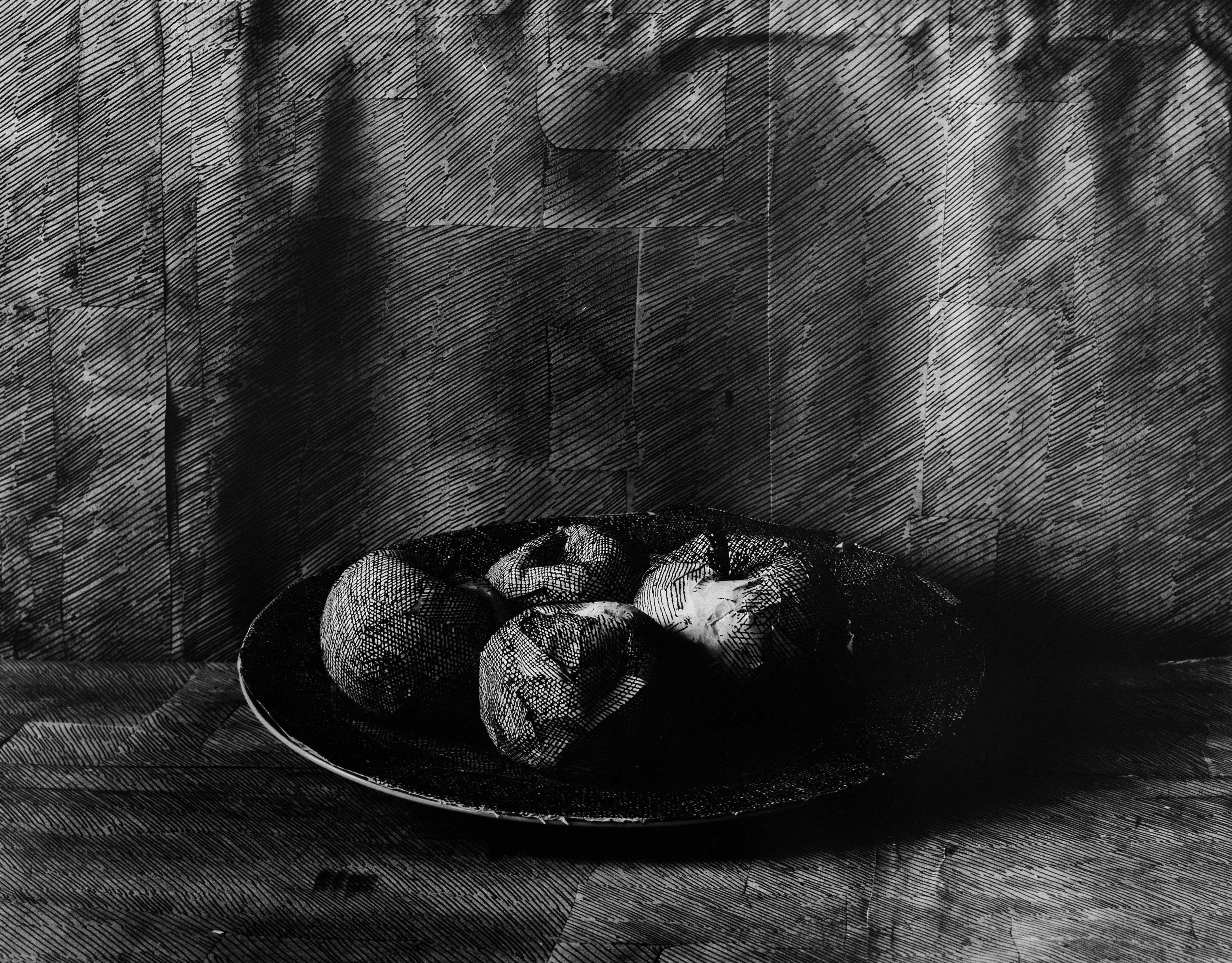 Alexandra Catiere Black and White Photograph - Photo of drawing on paper, wrapped around apples. Black and White photography.