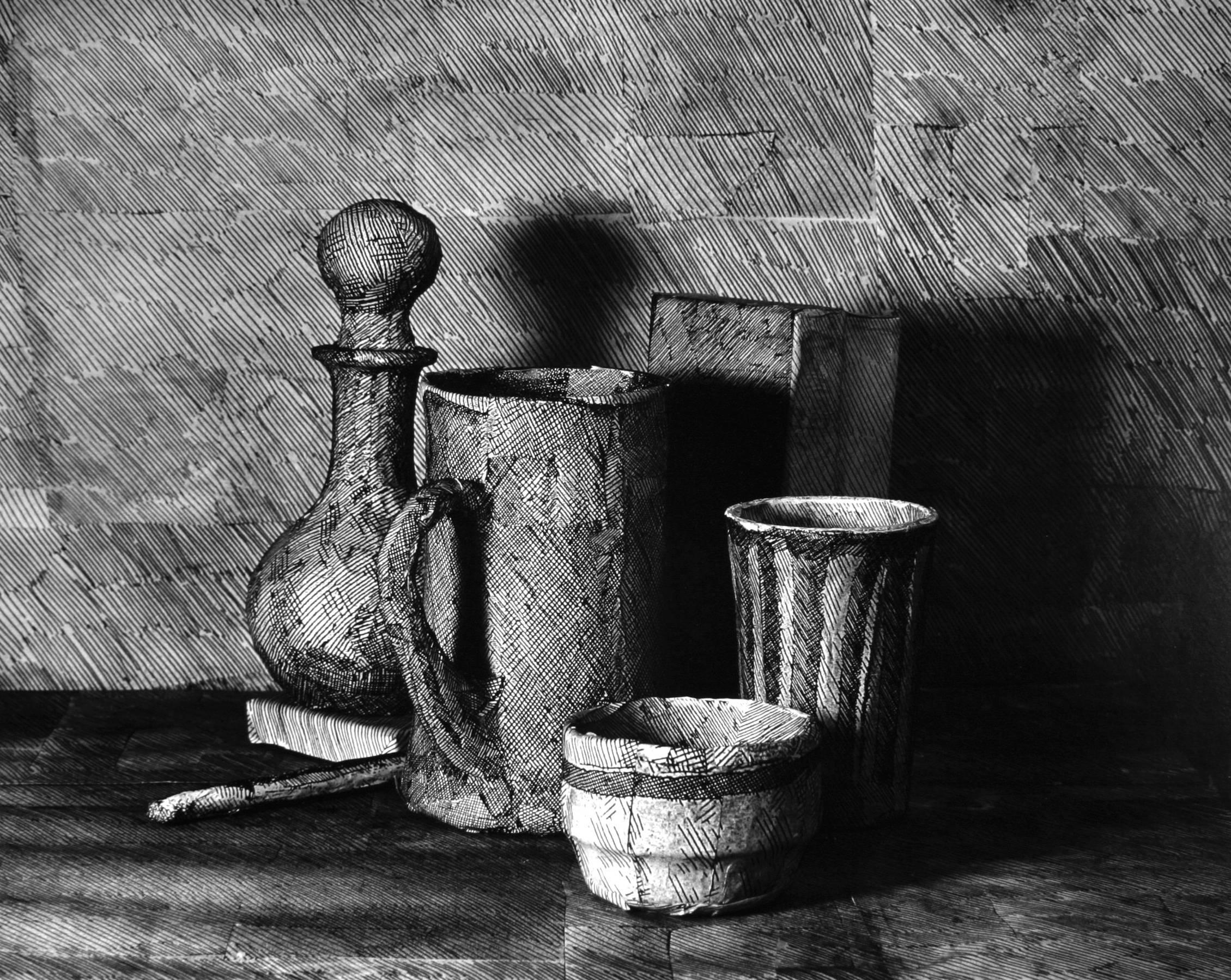 Alexandra Catiere Black and White Photograph - Photo of drawing on paper, wrapped around objects. Black and White photography.