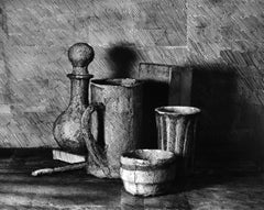 Photo of drawing on paper, wrapped around objects. Black and White photography.
