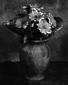 Black and White Photo of drawing on paper, wrapped around Flower Bouquet