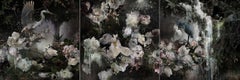 Photo composition with flowers, birds and trees, divin light, Eden triptych