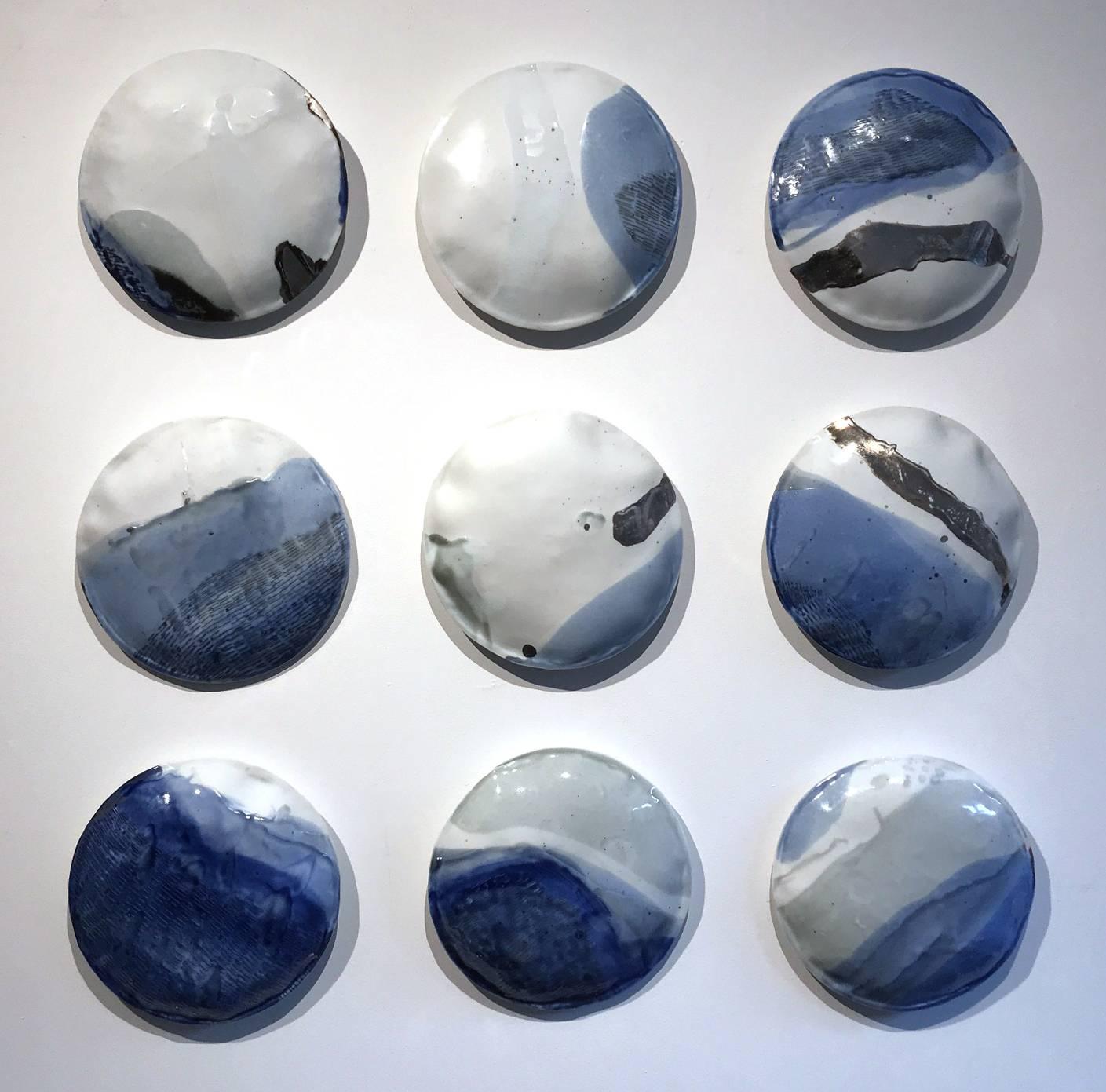 Porcelaine Pillows, White, Blue and silver glazed, Mural Installation, Stepanka - Sculpture by Stepanka Horalkova