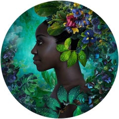 Ysabel Lemay, Woman's head in profile, flowers, butterflies, fruits, Aura Green.