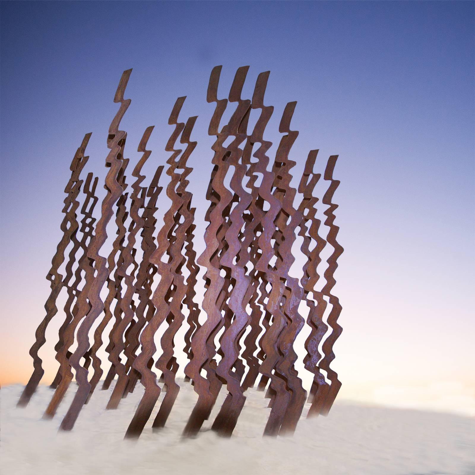 Steel (Corten) 
Each wave is H 59 x 2 x 0.25 in. 
Sold separately, you can buy as many as you need and create your own installation and design.
Each wave is signed by the artists.

YOLANDA & H sculptures demonstrates the interconnection and reliance