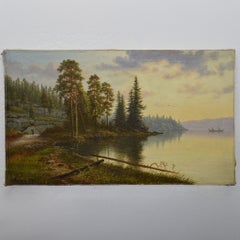 Antico paesaggio romantico scandinavo del 1905 olio su tela fiordo nordico firmato