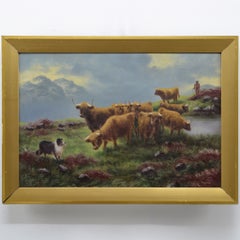 Dipinto a olio del XIX secolo raffigurante un paesaggio del Loch con bovini delle Highlands scozzesi, firmato Huish