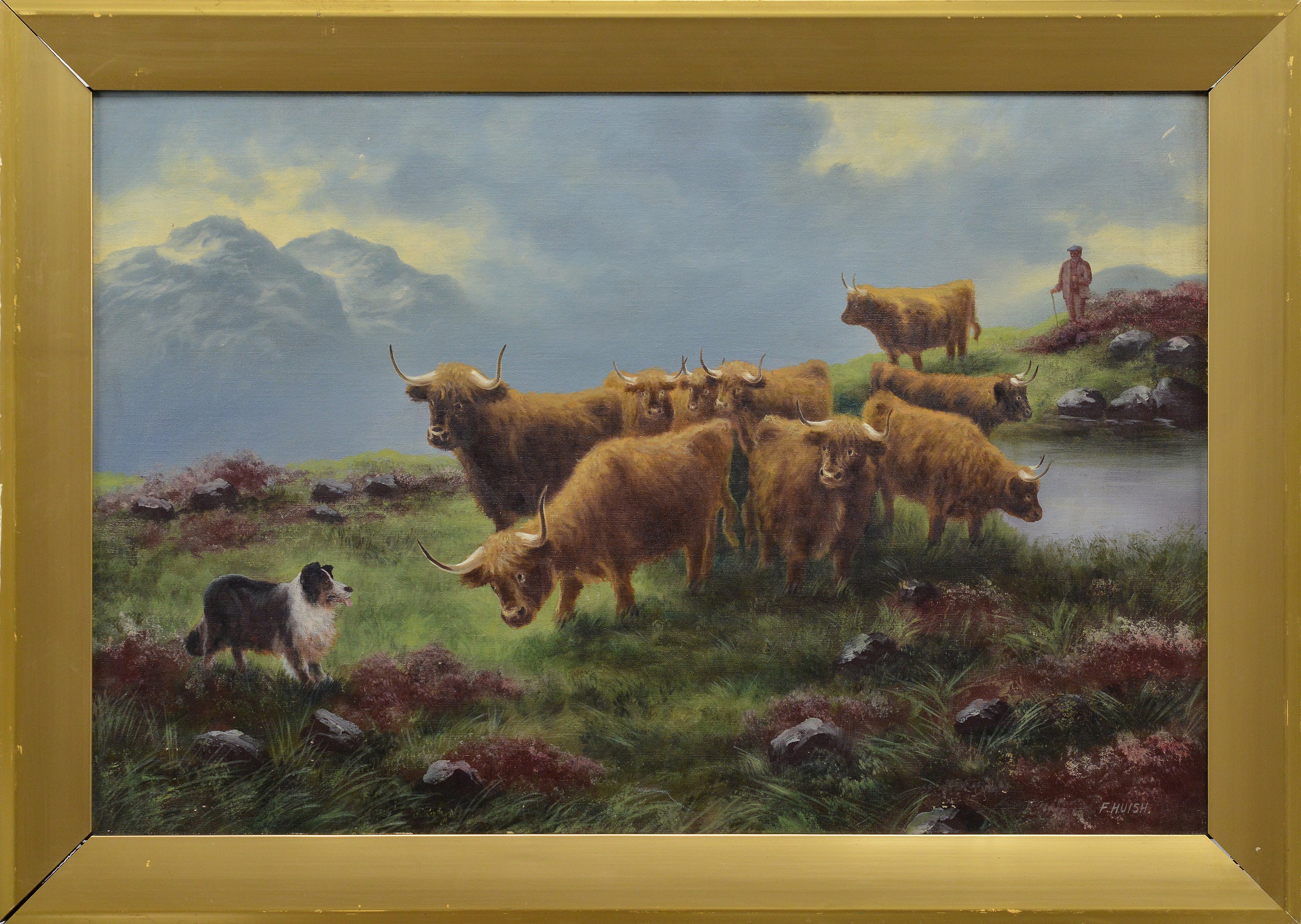 Ölgemälde aus dem 19. Jahrhundert mit einer Landschaft am Loch und schottischen Hochlandrindern, signiert „Huish“