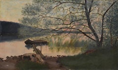 Lienzo al óleo del siglo XIX con un paisaje romántico escandinavo de un lago al atardecer