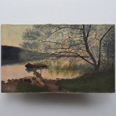 19th Century Scandinavian Romantic Twilight Lake Landscape Oil Canvas