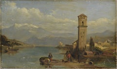 Paisaje romántico italiano del siglo XIX de un pueblo junto a un lago alpino, óleo sobre lienzo, firmado
