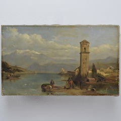 Paesaggio romantico italiano del XIX secolo raffigurante un villaggio lacustre alpino, olio su tela, firmato