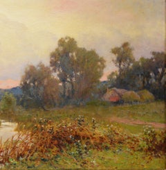 Antique Victorian Countryside Oil Landscape Sunset on River Scene 1890s Signed