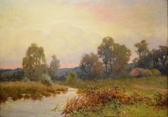 Antique Victorian Countryside Oil Landscape Sunset on River Scene 1890s Signed