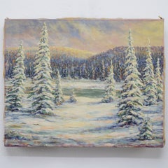 Early 20th Century European Impressionist Winter Forest Sunset Oil Canvas Signed